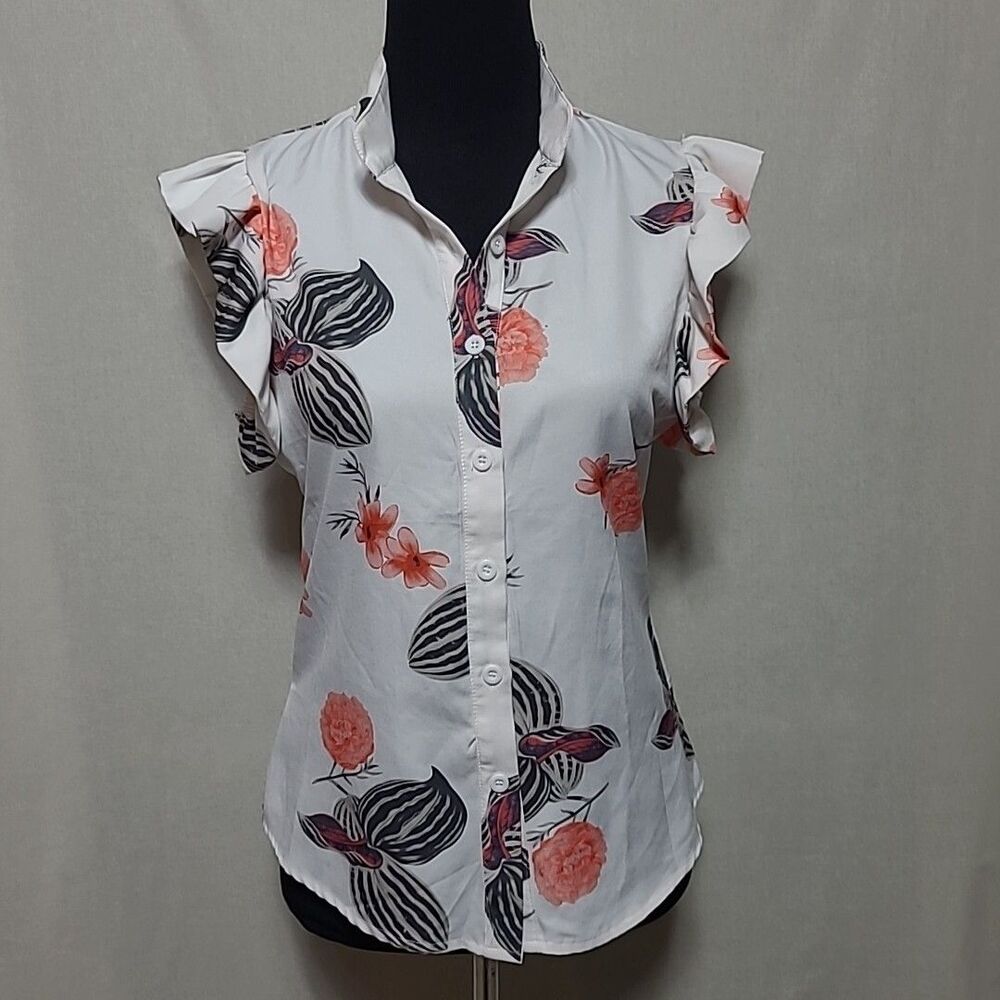 Chaolilai Floral Top Womens Size Small Cream Floral Flutter Sleeve Career